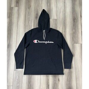 Champion Black Lightweight Spell Out Logo Pullover Hoodie Sweatshirt Mens Sz XL